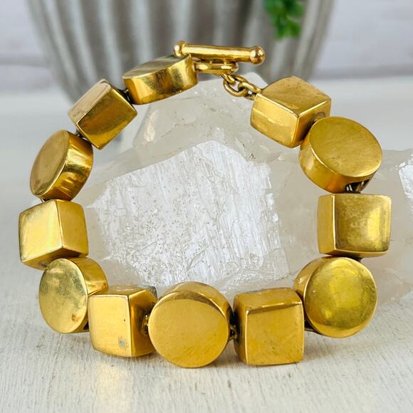 Vintage Steven Vaubel 18K Plated Brass Geometric Link  Chunky Bracelet - Picture 2 of 14
